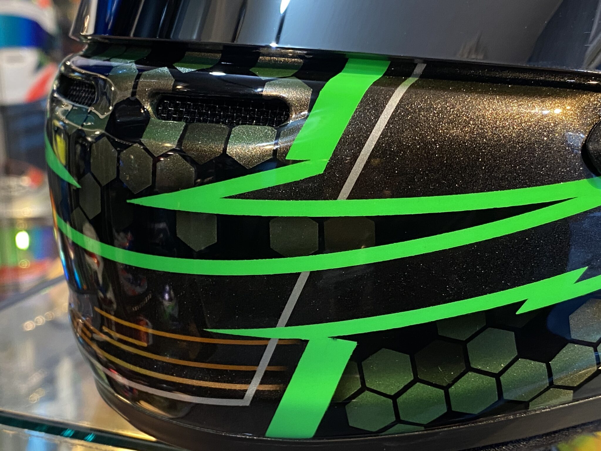 Auto racing helmets for sale 《paint gunmetal × green line》 ｜ Helmet Paint TOKYO ヘルメットペイント東京