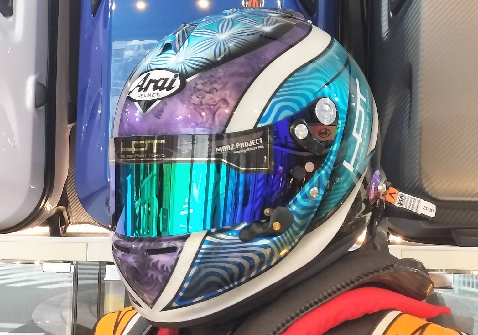 4輪 アライ ヘルメット | ペイント “ターコイズブルー×ライトパープル 花和柄&龍&虎” ｜ Helmet Paint TOKYO - ヘルメット ペイント東京