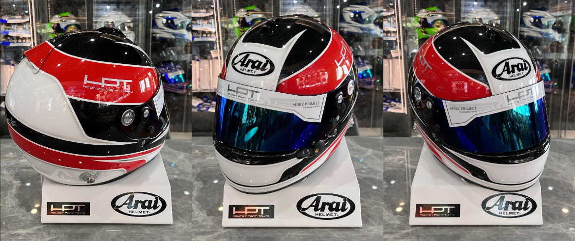Arai ホワイトヘルメット レッド内装 アライヘルメット 四輪 | ペイント “コクリコレッド×モノクロ×ラメ