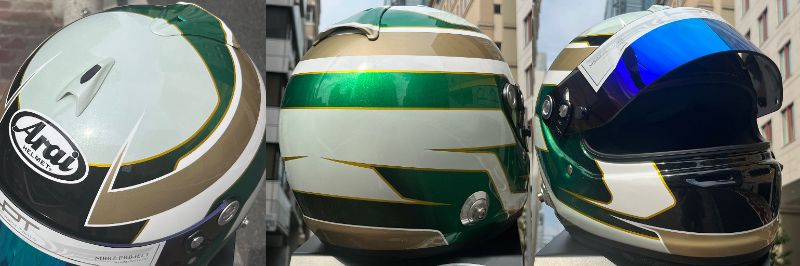 ペイントヘルメット 四輪用 | Araiヘルメット “パールグリーン×ホワイト×イエローブラウン”